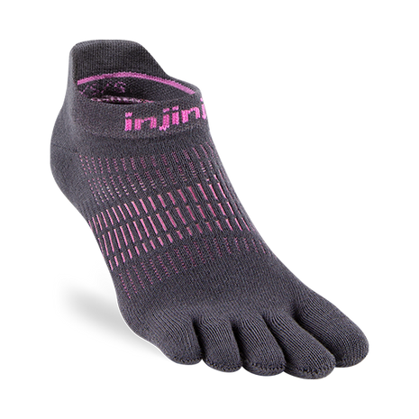 Run Lightweight No-Show - Women by Injinji in black and pink, low bulk running socks designed for narrow fit and enhanced stretch