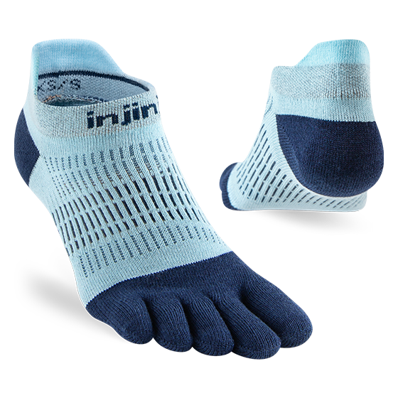 Run Lightweight No-Show - Women by Injinji in light blue and navy, breathable low bulk socks designed for running comfort and fit