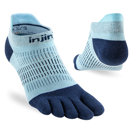 Injinji Run Lightweight No-Show women's sock in Heron, top view with a second sock showing the navy heel