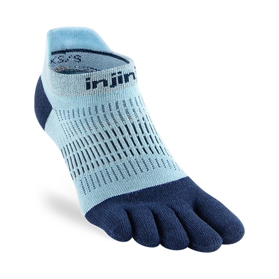 Run Lightweight No-Show - Women by Injinji in light blue and navy, low-bulk running socks for a narrow fit and enhanced toe stretch