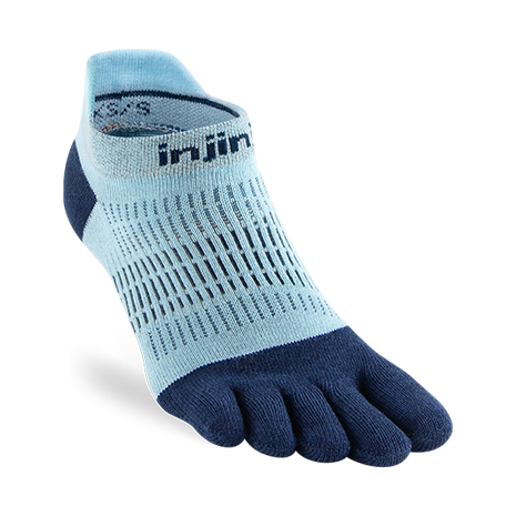 Run Lightweight No-Show - Women by Injinji in light blue and navy, low-bulk running socks for a narrow fit and enhanced toe stretch