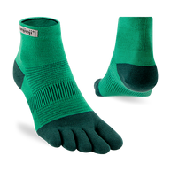 Run Lightweight Mini-Crew - Unisex by Injinji in green and dark teal, breathable socks designed to reduce friction and prevent blisters for running.
