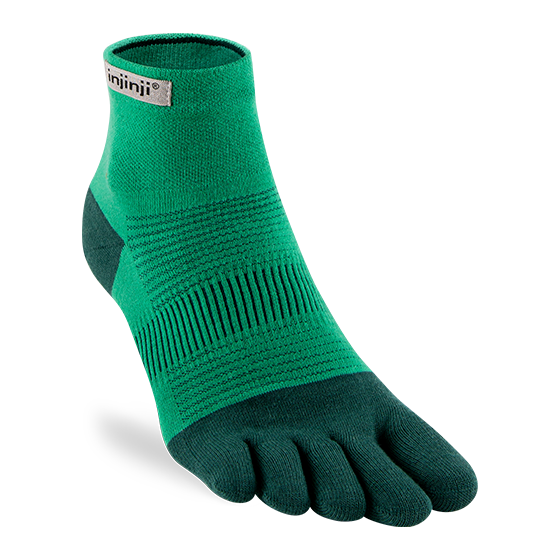 Run Lightweight Mini-Crew - Unisex by Injinji in green and dark teal, blister-preventing running socks for comfort and unrestricted movement