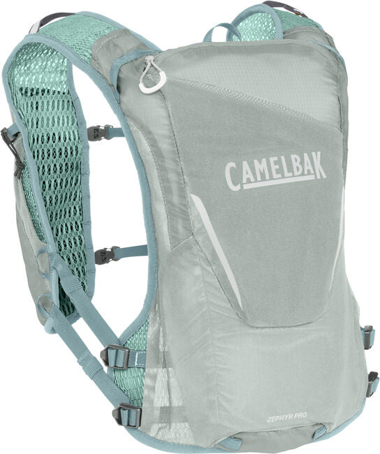 Zephyr Pro Vest 10L - Men by CamelBak in light grey and blue, hydration vest with nutrition storage for long-distance running and trail use