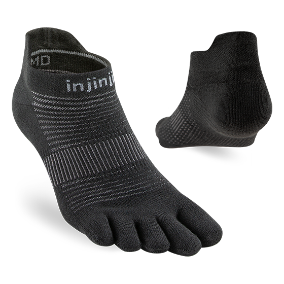 Run Original Weight No-Show by Injinji in black, low-bulk toe socks preventing blisters, ideal for year-round running and racing