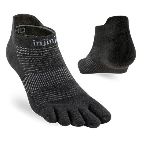 Run Original Weight No-Show by Injinji in black, low-bulk toe socks preventing blisters, ideal for year-round running and racing