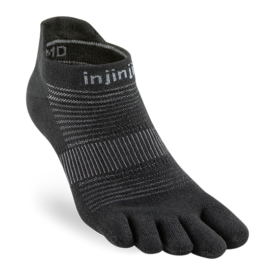 Run Original Weight No-Show by Injinji in black low-bulk performance toe socks for running with blister protection and year-round use