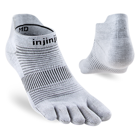 Run Original Weight No-Show by Injinji in light grey, low-bulk performance sock with toe protection, ideal for running and racing year-round