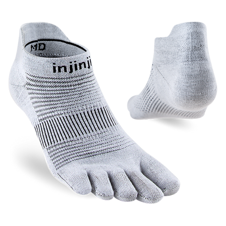 Pair of Injinji Run Original Weight No-Show toe socks in Gray, side view and heel view