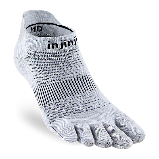 Run Original Weight No-Show by Injinji in light grey, low-bulk performance running sock with toe protection for blister prevention and racing use