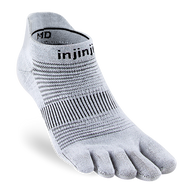 Run Original Weight No-Show by Injinji in light grey, low-bulk performance running sock with toe protection for blister prevention and racing use