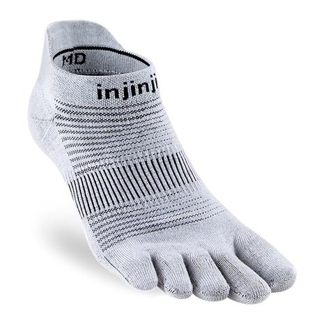 Run Original Weight No-Show by Injinji in light grey, low-bulk performance running sock with toe protection for blister prevention and racing use