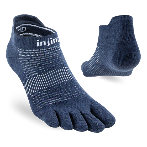 Run Original Weight No-Show by Injinji in navy blue, low-bulk toe socks preventing blisters, ideal for all-year running and racing