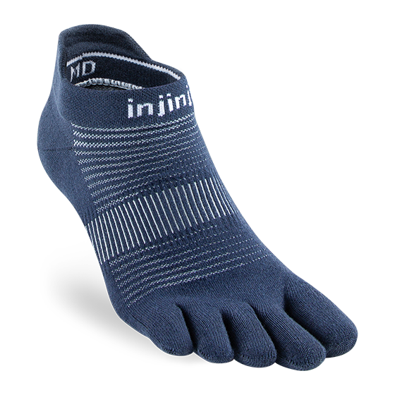 Run Original Weight No-Show by Injinji in navy blue low-bulk performance sock with toe protection for running and racing year-round