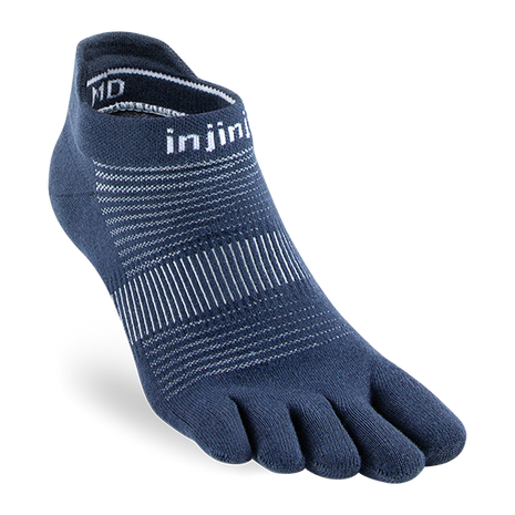 Run Original Weight No-Show by Injinji in navy blue low-bulk performance sock with toe protection for running and racing year-round
