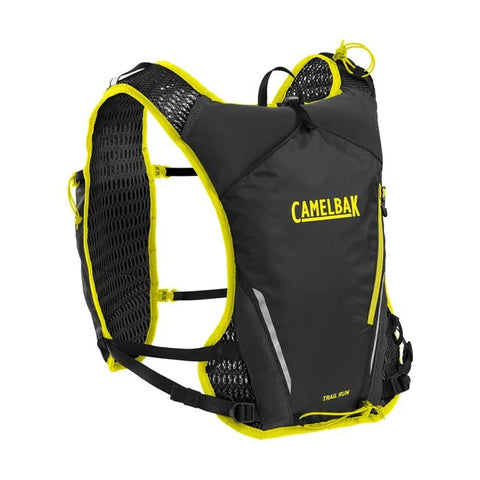 CamelBak Trail Run Vest 5.5L in black and yellow with breathable mesh, lightweight design, ideal for trail running and long outdoor runs