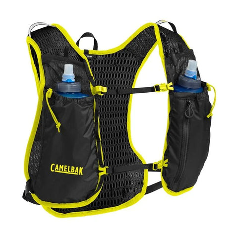 CamelBak Trail Run Vest 5.5L in black with yellow trim, breathable mesh, dual water bottle pockets, ideal for long trail running and exploration