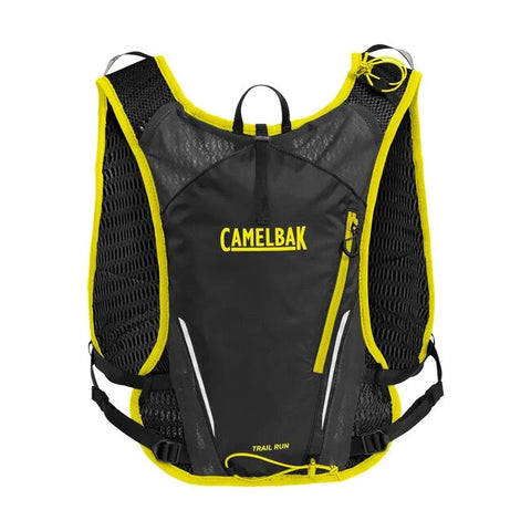 CamelBak Trail Run Vest 5.5L in black and yellow with breathable mesh, zipper pocket, ideal for long trail running and exploration