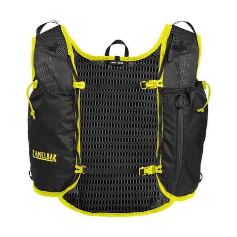 CamelBak Trail Run Vest 5.5L in black and yellow with breathable mesh, multiple pockets, and secure straps for long trail running adventures.