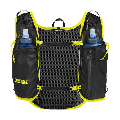 CamelBak Trail Run Vest 5.5L in black with yellow trim, lightweight mesh, dual water bottle pockets, ideal for long trail running and exploration