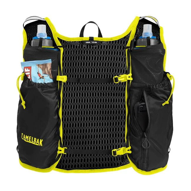 CamelBak Trail Run Vest 5.5L black and yellow, lightweight hydration pack with dual bottles and storage, ideal for trail running and exploration.