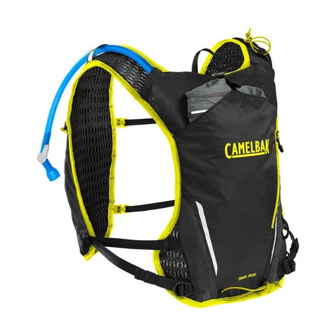 CamelBak Trail Run Vest 5.5L in black and yellow with hydration pack, lightweight breathable design for trail running and long distance exploration