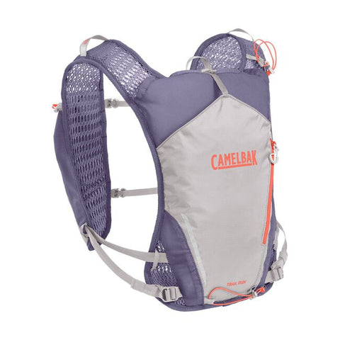 CamelBak Trail Run Vest 5.5L Women in purple and gray with mesh straps, lightweight for trail running and mountain hikes.