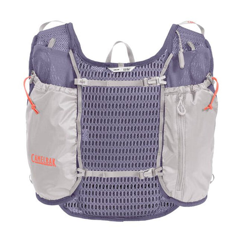 CamelBak Trail Run Vest 5.5L - Women in purple and grey, breathable mesh, lightweight hydration vest for trail running and mountain adventures.