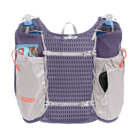 CamelBak Trail Run Vest 5.5L Women purple and grey running vest with hydration, storage pockets, ideal for trail running and mountain peaks.