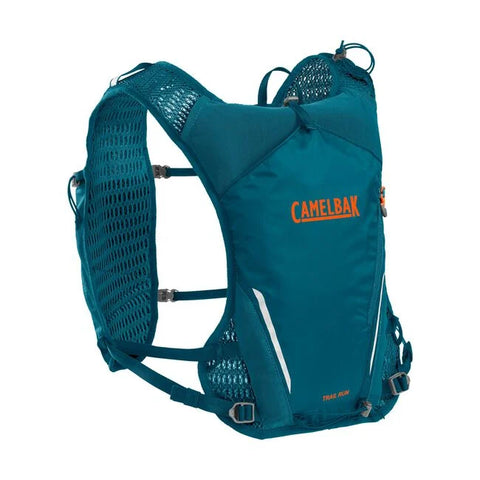 CamelBak Trail Run Vest 5.5L in teal with mesh straps, designed for long trail running and outdoor hydration storage.