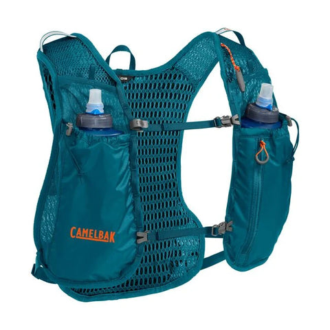 CamelBak Trail Run Vest 5.5L in teal with mesh back, hydration bottles, storage pockets, designed for long distance trail running gear.