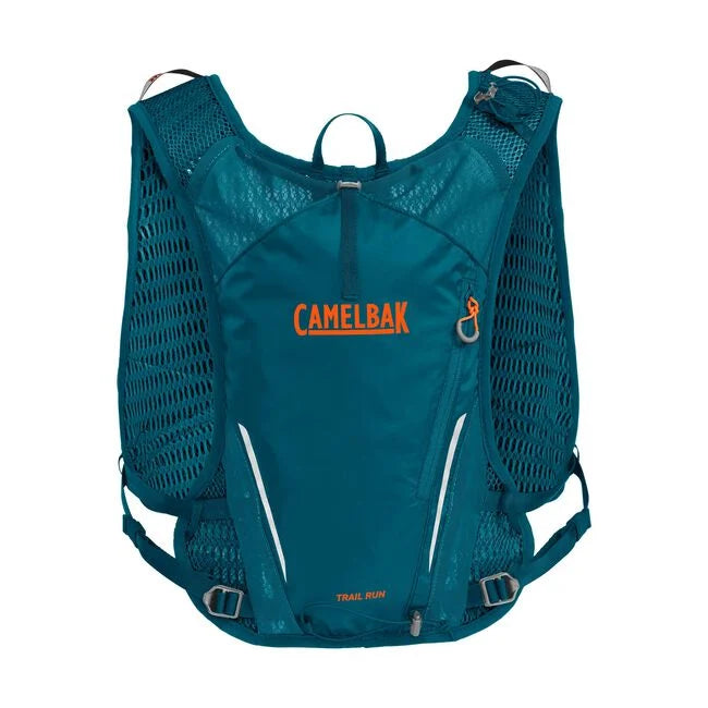 CamelBak Trail Run Vest 5.5L in teal with mesh panels, reflective details, designed for long-distance trail running and exploration.