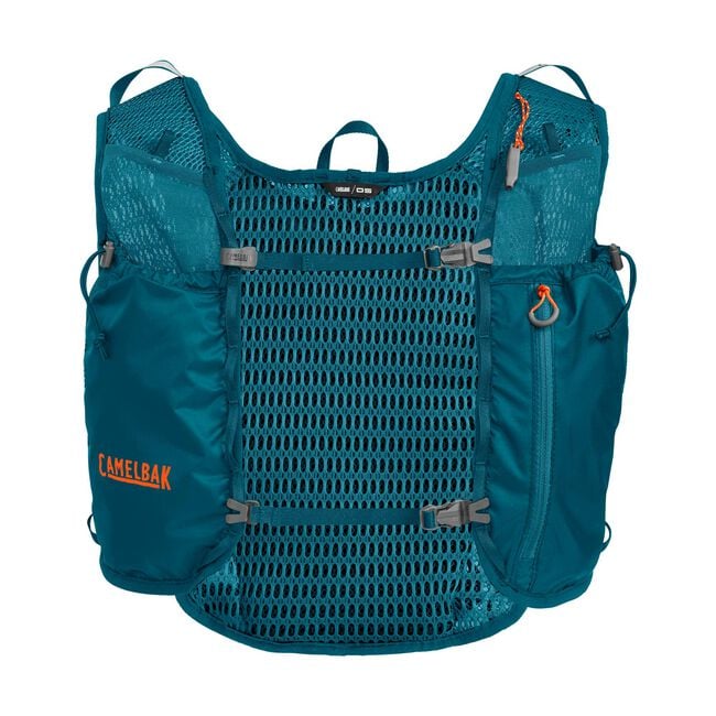 CamelBak Trail Run Vest 5.5L in teal with mesh back, multiple pockets, lightweight for long trail running and exploration gear storage