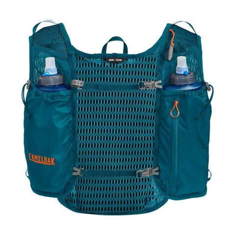 CamelBak Trail Run Vest 5.5L in teal with breathable mesh, multiple pockets, hydration bottles, designed for long trail running sessions.
