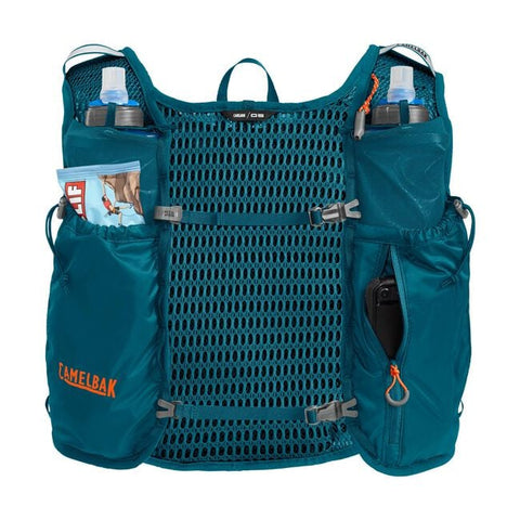 CamelBak Trail Run Vest 5.5L in teal with mesh back, multiple pockets, hydration storage, designed for trail running and long-distance exploration.