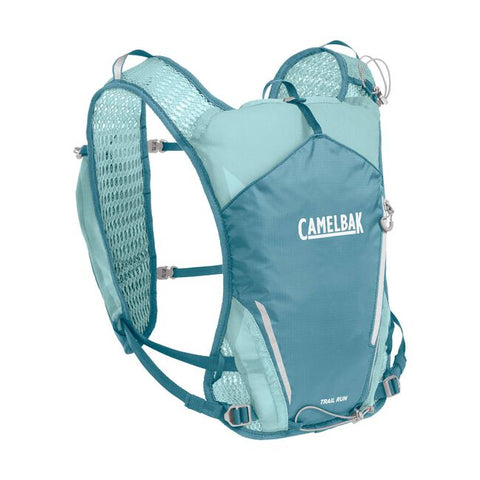 CamelBak Trail Run Vest 5.5L Women in teal and light blue designed for trail running with breathable mesh and lightweight hydration storage