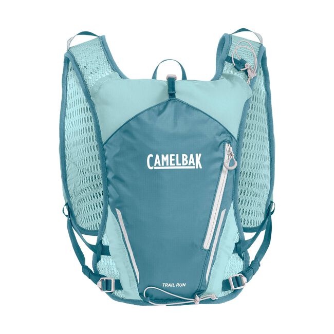 CamelBak Trail Run Vest 5.5L - Women in blue tones with breathable mesh, lightweight design for trail running and mountain peak adventures.