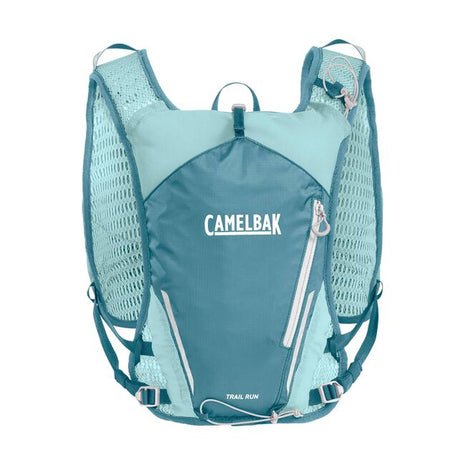 CamelBak Trail Run Vest 5.5L - Women in blue tones with breathable mesh, lightweight design for trail running and mountain peak adventures.