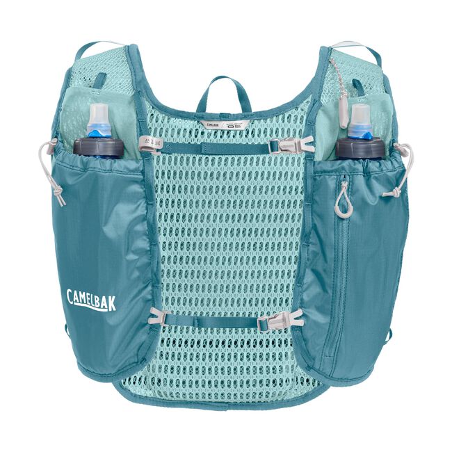 CamelBak Trail Run Vest 5.5L Women in teal with dual water bottles, breathable mesh, ideal for trail running and mountain peak adventures.
