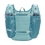 CamelBak Trail Run Vest 5.5L Women in teal with dual water bottles, breathable mesh, ideal for trail running and mountain peak adventures.