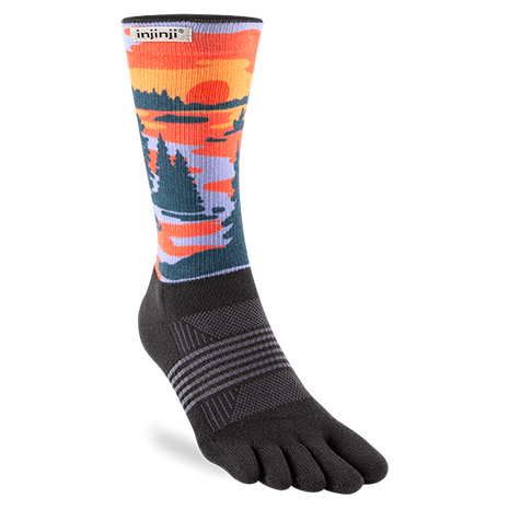 Artist Designed Trail Midweight Crew (Claire Van Winkle) - Women by Injinji in black and sunset colors, cushioned toesocks with COOLMAX EcoMade fibers for blister prevention and moisture wicking, ideal for running and outdoor use.