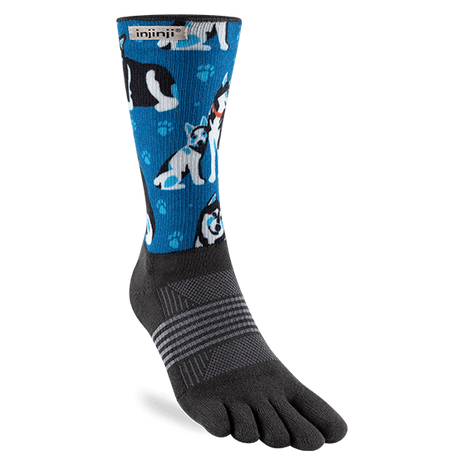 Artist Designed Trail Midweight Crew (Claire Van Winkle) - Women by Injinji in blue and black cushioned running toesocks with COOLMAX fibers for blister prevention and moisture wicking