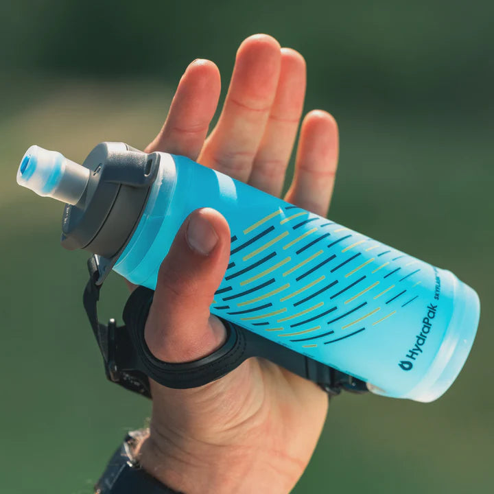 SkyFlask Speed by Hydrapak in blue with thumb loop, handheld hydration flask designed for runners to secure and conserve energy