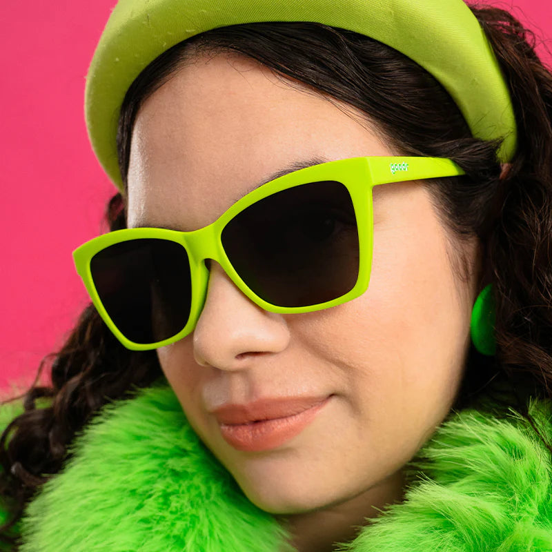 Born To Be Envied by Goodr, lime green Pop G glasses with black lenses, stylish eye protection for outdoor use and standout looks