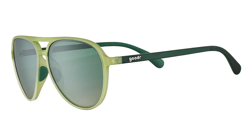 Buzzed On The Tower aviator sunglasses by Goodr in cadet green with polarized non-reflective lenses, no slip, no bounce for outdoor use