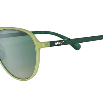 Buzzed On The Tower aviator sunglasses by Goodr in cadet green with polarized non-reflective lenses, no slip, no bounce for outdoor use