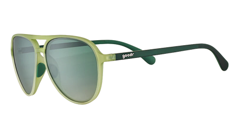Buzzed On The Tower aviator sunglasses by Goodr in cadet green with polarized non-reflective lenses, no slip, no bounce for outdoor use