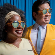 Cheesy Flight Attendant by Goodr, orange aviator sunglasses with blue lenses, wider fit for larger heads, stylish USA-made accessory