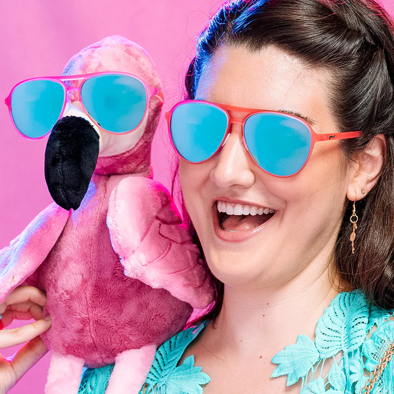 Carl Is My Co-Pilot by Goodr in coral and blue reflective lenses, fun sunglasses accessory ideal for bold style and casual wear