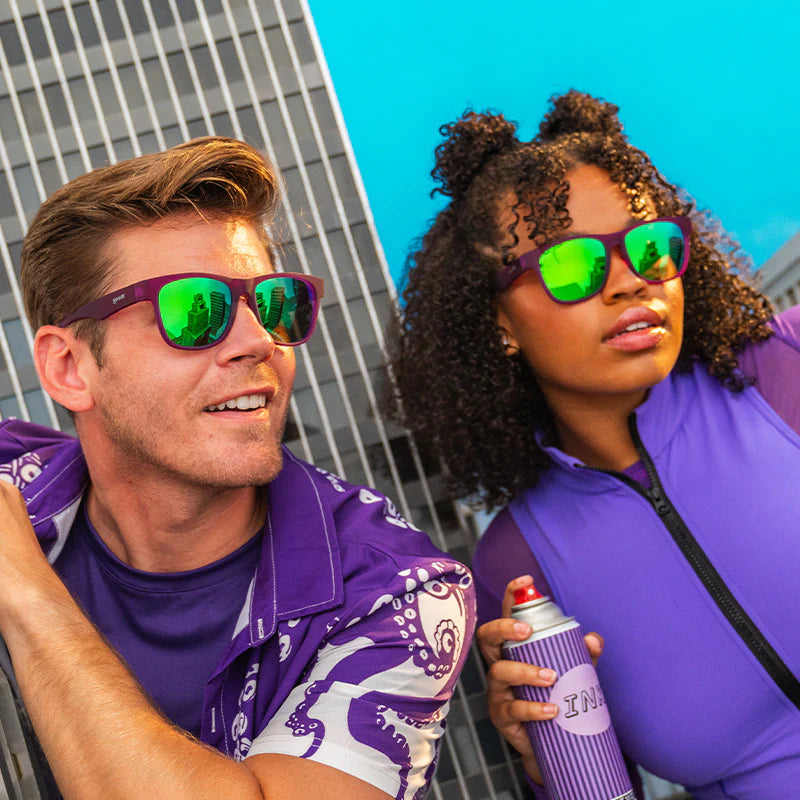 Colossal Squid Confessions sunglasses by Goodr in purple with green lenses, lightweight accessories ideal for casual outdoor use